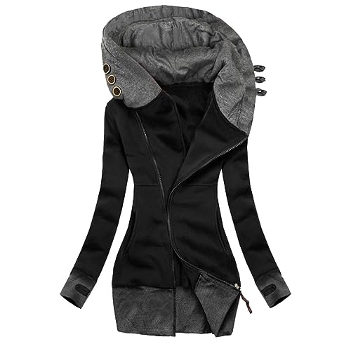 Sweatjacke Damen Lang Baumwolle Kapuzenjacke Casual Langarm Sweatshirt mit Kapuze Jacke Warm Gefüttert Hoodie Herbst Winter Elegant Fleecejacke Reißverschluss Farbblock Übergangsjacke (3XL, Schwarz) von Dajowake