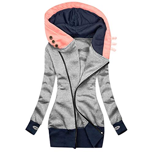 Sweatjacke Damen Lang Baumwolle Kapuzenjacke Casual Langarm Sweatshirt mit Kapuze Jacke Warm Gefüttert Hoodie Herbst Winter Elegant Fleecejacke Reißverschluss Farbblock Übergangsjacke (3XL, Grau) von Dajowake