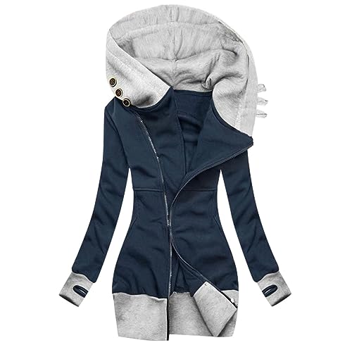 Sweatjacke Damen Lang Baumwolle Kapuzenjacke Casual Langarm Sweatshirt mit Kapuze Jacke Warm Gefüttert Hoodie Herbst Winter Elegant Fleecejacke Reißverschluss Farbblock Übergangsjacke (L, Marine) von Dajowake