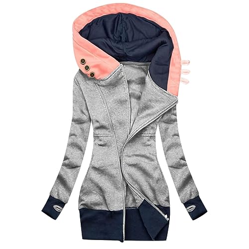 Sweatjacke Damen Lang Baumwolle Kapuzenjacke Casual Langarm Sweatshirt mit Kapuze Jacke Warm Gefüttert Hoodie Herbst Winter Elegant Fleecejacke Reißverschluss Farbblock Übergangsjacke (S, Grau) von Dajowake