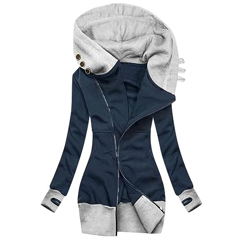 Sweatjacke Damen Lang Baumwolle Kapuzenjacke Casual Langarm Sweatshirt mit Kapuze Jacke Warm Gefüttert Hoodie Herbst Winter Elegant Fleecejacke Reißverschluss Farbblock Übergangsjacke (XL, Marine) von Dajowake