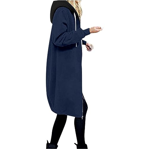 Sweatjacke Damen Lange Ärmel Kapuzenjacke Baumwolle Weiche Jacke Mittellanger Elegant Trenchcoat mit Kapuze Parka Winterjacke Einfarbig Gemütlich Kapuzenjacke Lockere Outdoor Outwear (XXL, Blau) von Dajowake