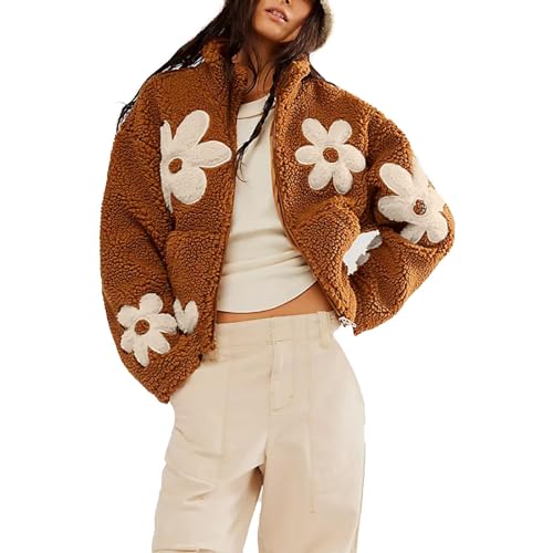 Teddy Fleecejacke Damen Warm Wintermantel mit Blumen Winterjacke Druck Cropped Teddyfleece Jacke mit Taschen Casual Strickfleecejacke Langarm Damenmantel Plüschjaken Frauen Übergangsjacke von Dajowake
