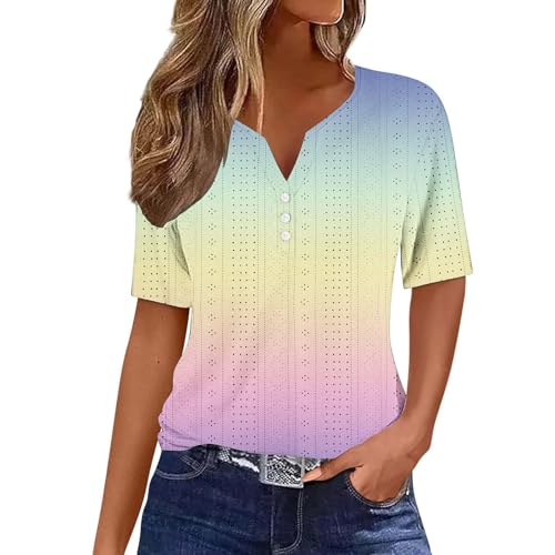 Tshirt Damen Sommer Kurzarm Tops Basic Baumwolle V-Ausschnitt Blusen Farbverlaufs Knopf T-Shirt Elegant Arbeit Button Down Oberteile Fashion Atmungsaktives Sportshirt Tunika Shirts von Dajowake
