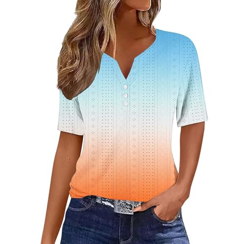 Tshirt Damen Sommer Kurzarm Tops Basic Baumwolle V-Ausschnitt Blusen Farbverlaufs Knopf T-Shirt Elegant Arbeit Button Down Oberteile Fashion Atmungsaktives Sportshirt Tunika Shirts von Dajowake