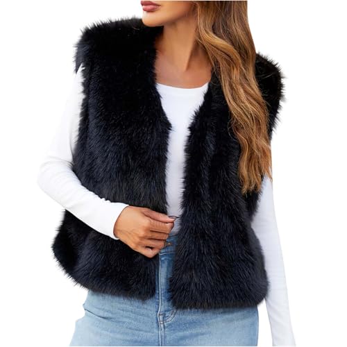 Weste Damen Lange Kunstpelze Westen Einfarbig Ärmellose Fellweste Elegant Vest Jacke Winter Warme Pelzmantel Flauschig Pelzweste Kunstfell Pelzjacke Parka Fell Mantel Cardigan Daunenweste von Dajowake