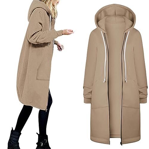 Windbreaker Damen Lange Ärmel Sweatjacke Wolle Kapuzenjack Mittellanger Übergangsjackee Reißverschluss Kapuzenpullover für den Alltagr Winterjacke mit Kapuze Outwear in der Tasche (S, Khaki) von Dajowake