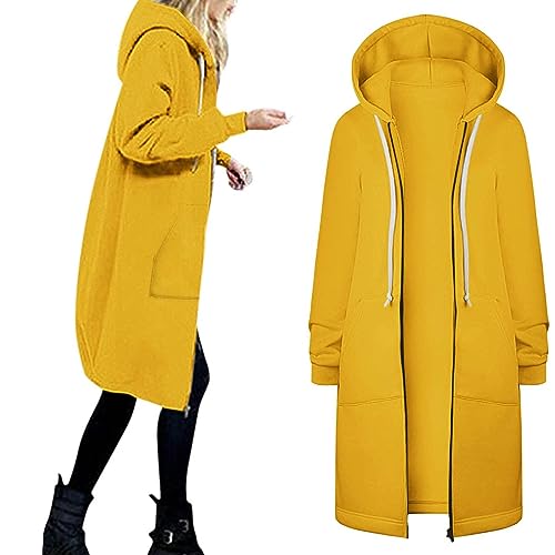 Windbreaker Damen Lange Ärmel Sweatjacke Wolle Kapuzenjack Mittellanger Übergangsjackee Reißverschluss Kapuzenpullover für den Alltagr Winterjacke mit Kapuze Outwear in der Tasche (XL, Gelb) von Dajowake