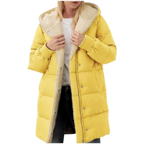 Winterjacke Damen Langes Jacke Mantel Einfarbig Warm Wintermantel Fashion Zip Hoodies Fleece Verdickt Steppjacke Übergangsjacke Sherpa Gefütterter Fleecejacke Langarm Thermo Kapuzenjacke von Dajowake