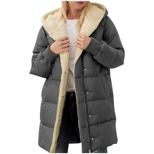 Winterjacke Damen Langes Jacke Mantel Einfarbig Warm Wintermantel Fashion Zip Hoodies Fleece Verdickt Steppjacke Übergangsjacke Sherpa Gefütterter Fleecejacke Langarm Thermo Kapuzenjacke von Dajowake