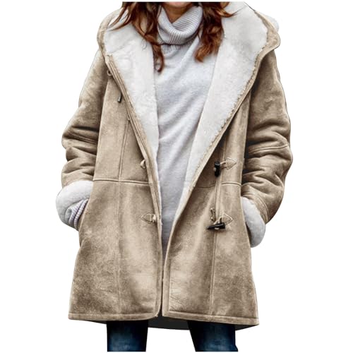 Winterjacke Damen Warm Jacke Große Größen Fleecejacke Einfarbig Bequeme Sweatjacke Verdickt Bottoming Softshelljacke Lange Ärmel Sportjacke Knöpfe Kapuze Mantel mit Taschen Hoodie von Dajowake