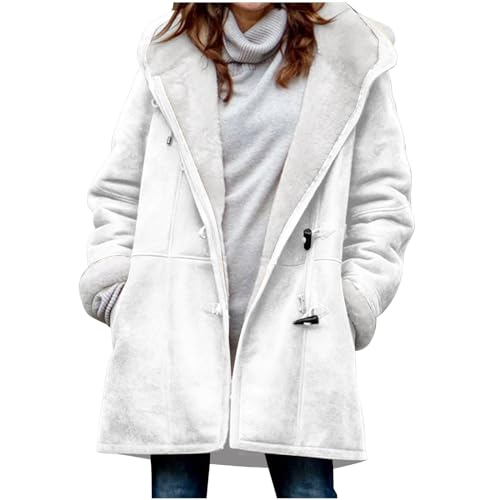 Winterjacke Damen Warm Jacke Große Größen Fleecejacke Einfarbig Bequeme Sweatjacke Verdickt Bottoming Softshelljacke Lange Ärmel Sportjacke Knöpfe Kapuze Mantel mit Taschen Hoodie von Dajowake