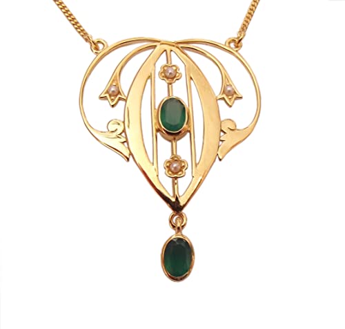 Dakota House Halskette/Collier 925 Silber vergoldet mit grünem Achat und Perlenapplikationen von Dakota House