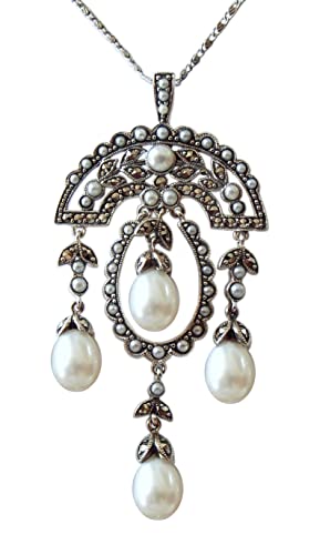 Dakota House Mehrteilige Halskette 925 Silber, 4 große Perlenabhängungen, zahlreiche Perlenapplikationen, Markasiten von Dakota House