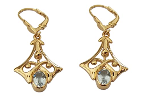 Damen Ohrringe neu hergestellt aus 925 Silber vergoldet mit großem Blautopas (beh.) von Dakota House