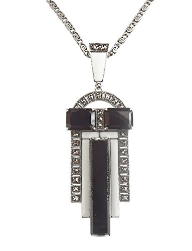 Halskette 925 Silber Onyx Markasiten Feueremaille Art Deco 1930 von Dakota House