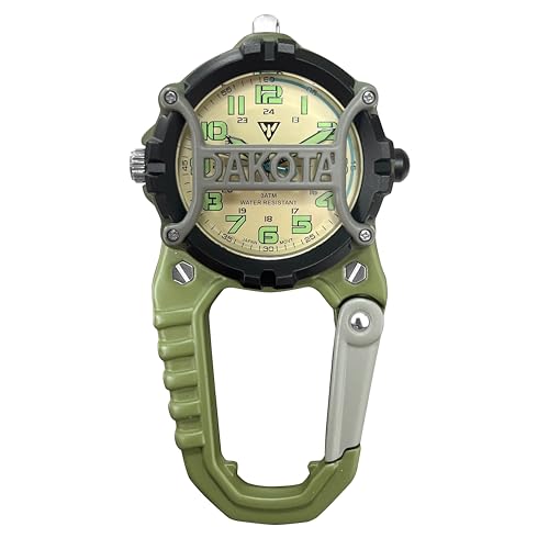 Dakota Cage Clip Microlight mit Käfigklammer, Ansteck Uhr, Outdoor Geschenke für Männer und Frauen, Geeignet zum Angeln, Jagen, Taktische Uhr mit LED Taschenlampe, Karabiner Uhr Grün von Dakota