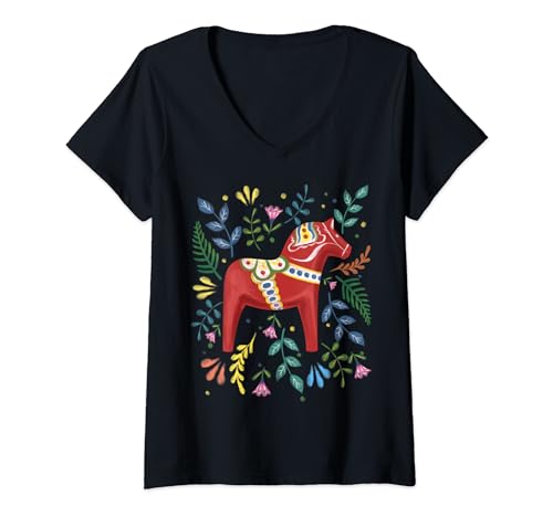 Damen Schwedisches Dala-Pferd Volkskunst Schweden Flagge Dalahelmsoljd T-Shirt mit V-Ausschnitt von Dala Horse Dalecarlian Sweden Swedish National