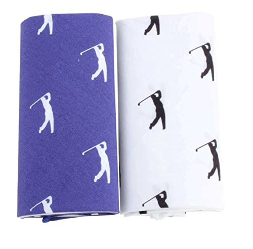 Zwei Dalaco Baumwoll-Taschentücher mit Golf-Aufdruck und einem Golfer, der den Schuss nimmt, je eines in blau und weiß in einer David Aster-Präsentationsbox, blau von Dalaco