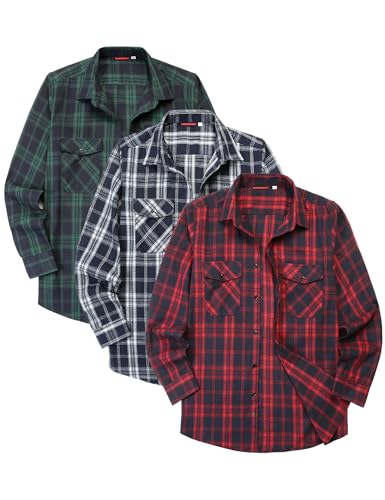 Dalavch 1/3er-Pack Langarm-Flanellhemd für Herren, lässig, kariert, Button-Down-Hemd mit Taschen, 1 x Rot, 1 x Grün, 1 x Blau, Klein von Dalavch