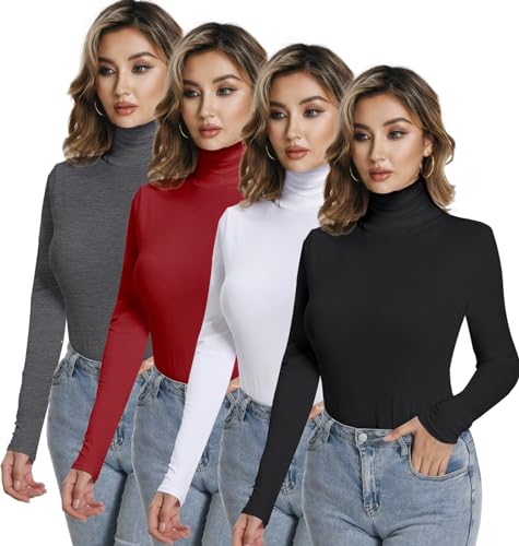 Dalavch 4 Pack Damen Rollkragen Langarm Shirts Herbst Mode Mock Rollkragen Baselayer Unterhemden Tops Unterhemd, 1 x Schwarz, 1 x Grau, 1 x Weiß, 1 x Rot, Groß von Dalavch