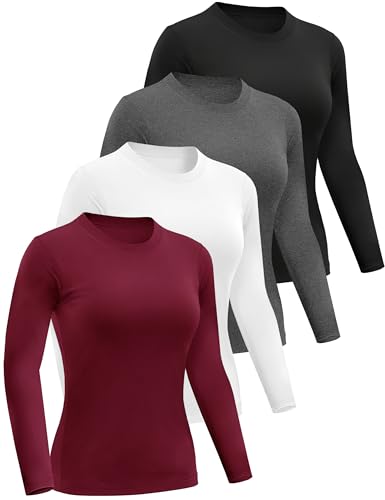 Dalavch 4er-Pack Damen-Shirts, kurz/langärmelig, Rundhalsausschnitt, eng anliegend, Kompression, Fitnessstudio, Workout, athletische Unterhemden, 1 x Schwarz, 1 x Grau meliert, 1 x Weiß, 1 x Weinrot, von Dalavch