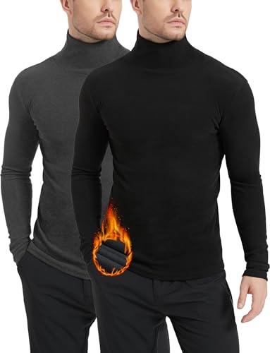 Dalavch Herren Thermo-Rollkragenpullover mit Fleece gefüttert, Stehkragen mit langen Ärmeln, Baselayer, Pullover, Oberteile, 2 Stück, 2er-Pack: Schwarz und Grau, XL von Dalavch