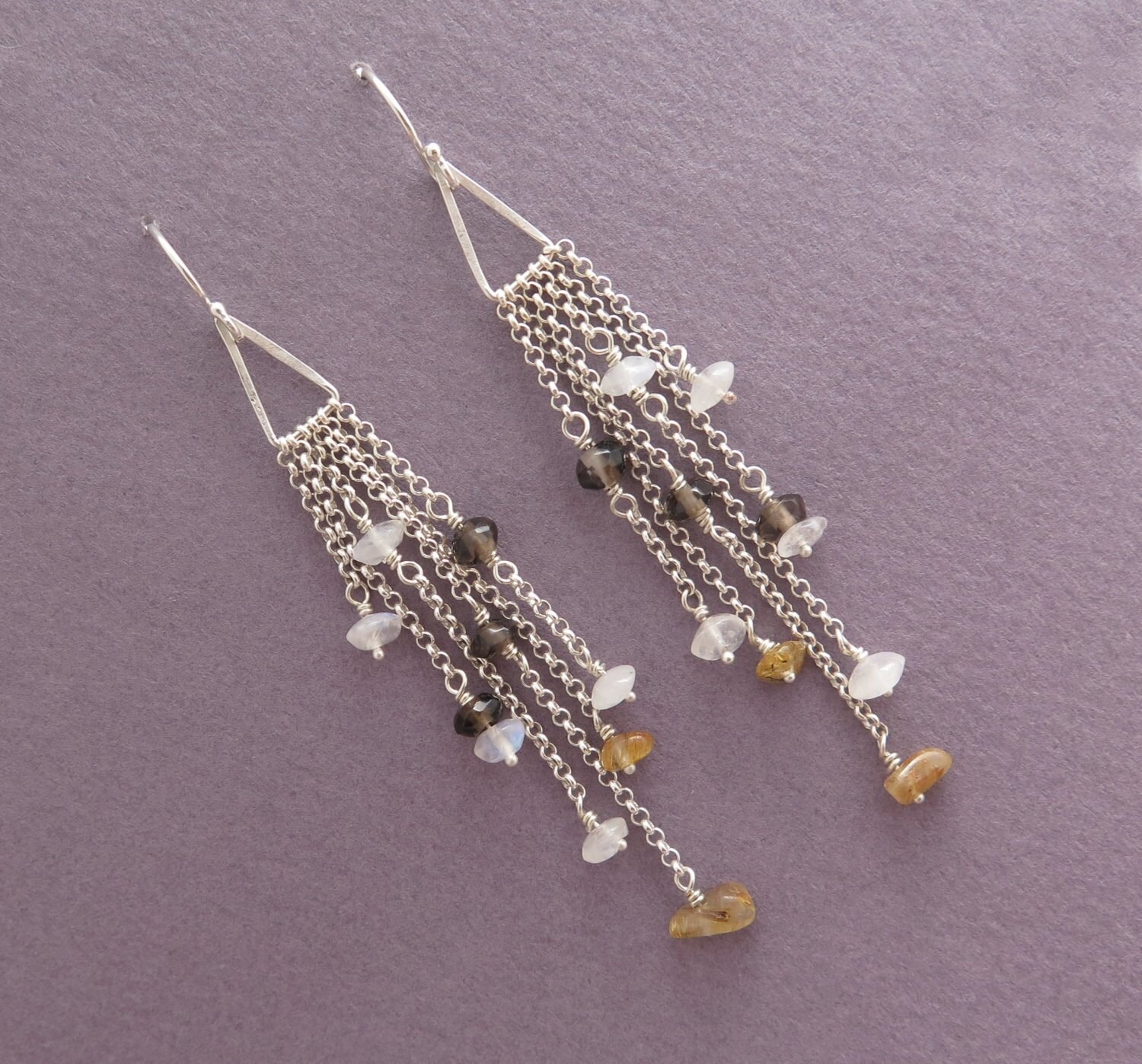 Lange Ohrringe - Multi Chain Mit Natürlichen Edelsteinen Sterling Silber von DaliaShamirJewelry