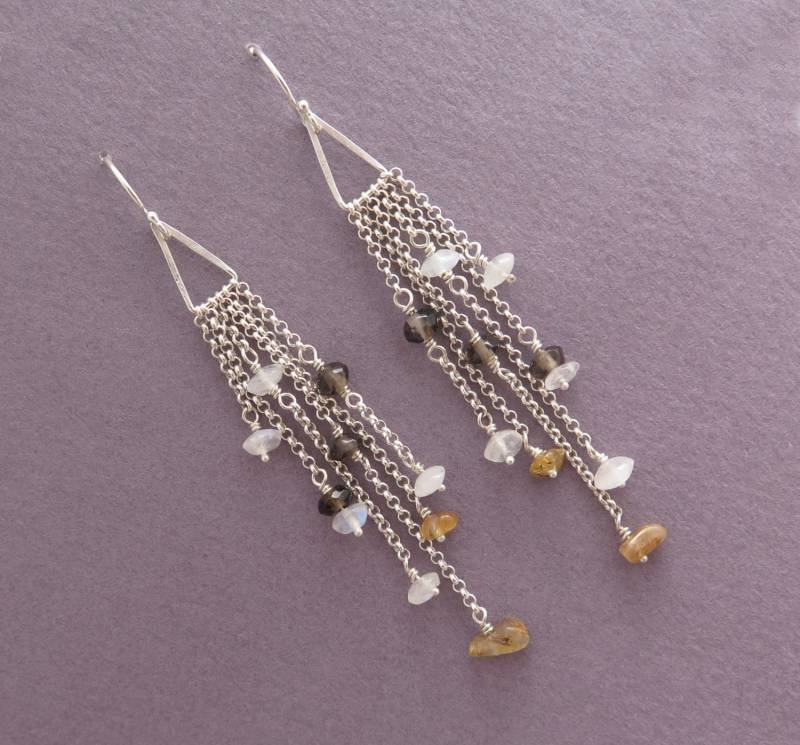 Lange Ohrringe - Multi Chain Mit Natürlichen Edelsteinen Sterling Silber von DaliaShamirJewelry