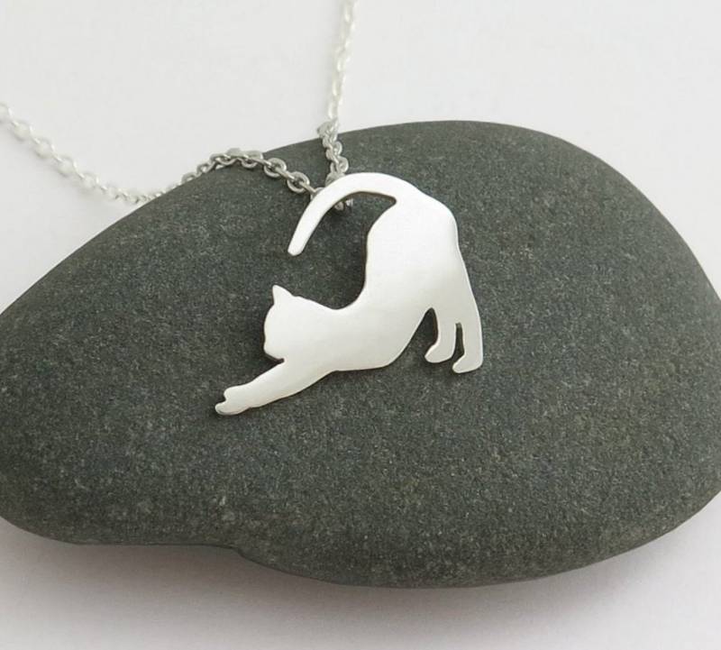 Silber Katze Halskette - Stretching Anhänger Schmuck Sterling von DaliaShamirJewelry