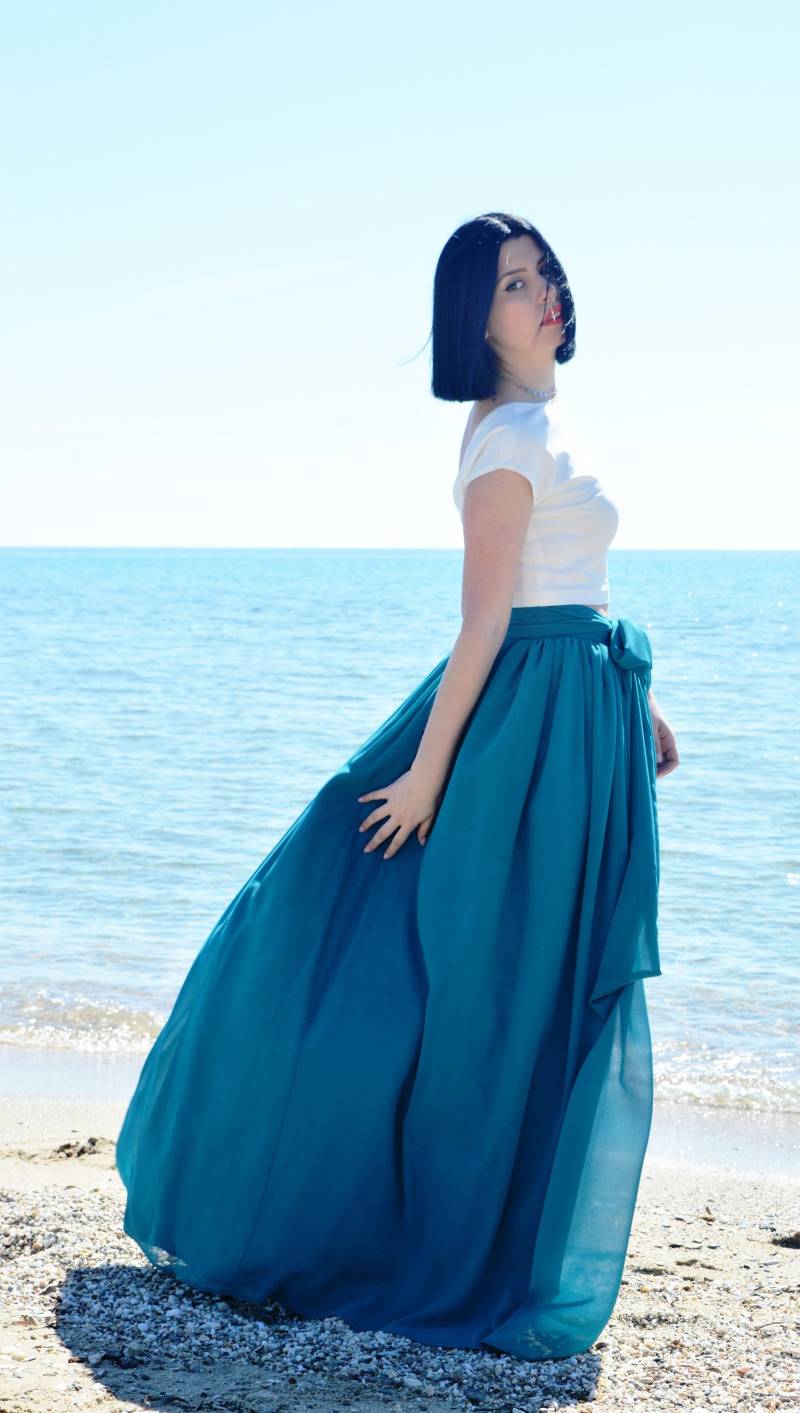 Brautjungfer Rock Bodenrock Party Abendrock Abschlussball Langer Maxi Braut Chiffon Plus Größe Petrol Frauen von DalitaCollections