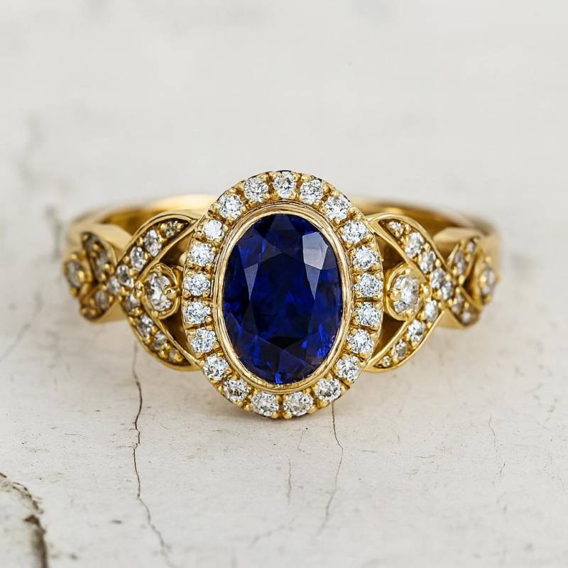 Art Deco Saphir Verlobungsring Blauer Gelbgoldring 14K Gelbgold Ring Im Ovalschliff Geburtsstein von DallerJewelry