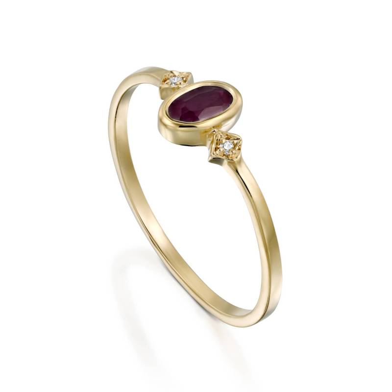 Rubin Ring Gelb Gold, Juli Geburtsstein Ring, Zierlicher 14K Gold Roter Edelstein Diamant Oval Rubin, Geschenk von DallerJewelry