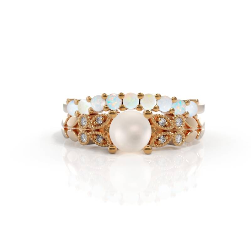 Unikat Set Perle Verlobungsring Diamant Ring Oktober Geburtsstein 14K Opal Gold White Passender Ehering Frauen von DallerJewelry