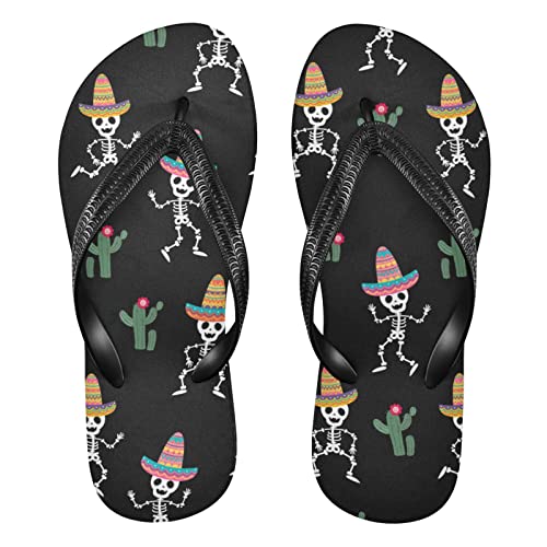 Dallonan Flip Flops Skelett Kaktus Cinco De Mayo Sommer Unisex Zehensandalen Strand Sandalen, Skelett bunter Kaktus, Medium von Dallonan