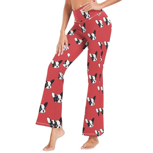 Dallonan Yogahosen Schlaghose Frauen Leggings Ausgestellte Hohe Taille Hosen Französische Bulldogge Rot Klein, mehrfarbig, L von Dallonan