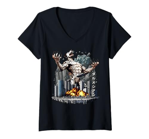 Damen Lustiger Dalmatiner Hund Kaiju Monster Japanisch T-Shirt mit V-Ausschnitt von Dalmatian Dog Kaiju Monster Clothing