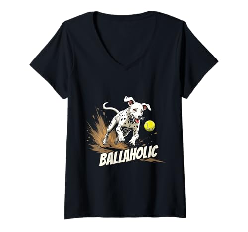 Damen Lustiger Ballaholic Dalmatiner Hund Jagd Kutschenball T-Shirt mit V-Ausschnitt Damen Lustiger Ballaholic Dalmatiner Hund Jagd Kutschenball T-Shirt mit V-Ausschnitt von Dalmatian Fun Designs
