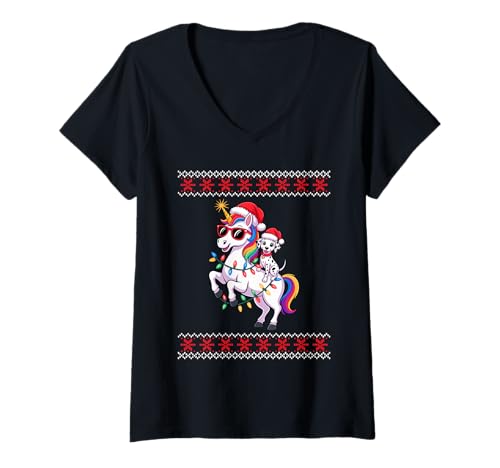 Damen Christmas Dalmatian Unicorn Sunglasses Dalmatians T-Shirt mit V-Ausschnitt Damen Christmas Dalmatian Unicorn Sunglasses Dalmatians T-Shirt mit V-Ausschnitt von Dalmatians Dalmatian Dog Lover Gifts