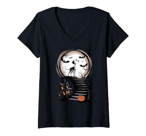 Damen Gruseliges Halloween Mond Dalmatian Dal Dally Dalmatiner T-Shirt mit V-Ausschnitt Damen Gruseliges Halloween Mond Dalmatian Dal Dally Dalmatiner T-Shirt mit V-Ausschnitt von Dalmatians Dalmatian Dog Lover Gifts