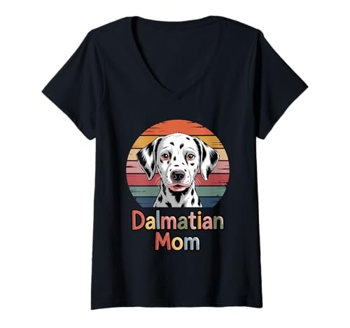Damen Retro Sonnenuntergang Dalmatian Mom Dal Dally Dog Dalmatiner T-Shirt mit V-Ausschnitt Damen Retro Sonnenuntergang Dalmatian Mom Dal Dally Dog Dalmatiner T-Shirt mit V-Ausschnitt von Dalmatians Dalmatian Dog Lover Gifts