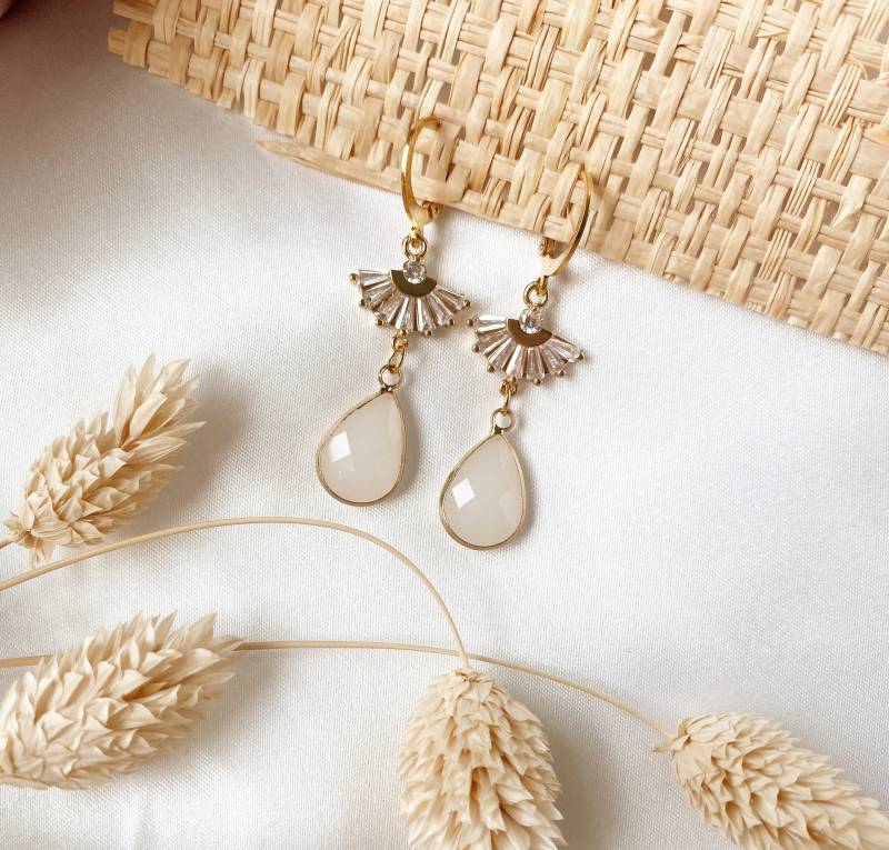 Handgemachte Boho Braut Ohrringe Mit Zirkoniafächer Und Tropfenanhänger Gold/Brautschmuck /Hochzeit Geschenk Zu Weihnachten, Geburtstag von DalouJewelry