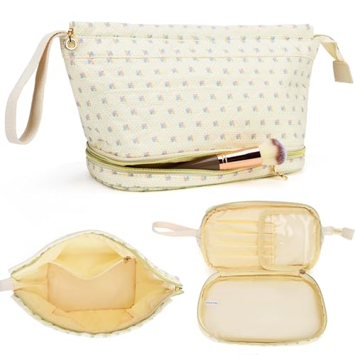 Dalulu Große Make-up-Tasche für Damen, stilvoller Reise-Kosmetik-Organizer mit Bodentasche, niedlicher Kulturbeutel für wichtige Utensilien, Make-up, Reisetasche, Floret, Kosmetiktasche mit Dalulu Große Make-up-Tasche für Damen, stilvoller Reise-Kosmetik-Organizer mit Bodentasche, niedlicher Kulturbeutel für wichtige Utensilien, Make-up, Reisetasche, Floret, Kosmetiktasche mit von Dalulu