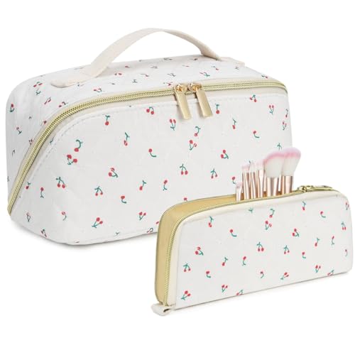 Reise-Make-up-Tasche, Kosmetiktasche, 2er-Set, große Kapazität, Kulturbeutel aus Kordsamt für Damen, weit offen, tragbare Tasche mit Trennwand und Griff, kirsche, Kosmetiktasche mit Blumenmuster Reise-Make-up-Tasche, Kosmetiktasche, 2er-Set, große Kapazität, Kulturbeutel aus Kordsamt für Damen, weit offen, tragbare Tasche mit Trennwand und Griff, kirsche, Kosmetiktasche mit Blumenmuster von Dalulu