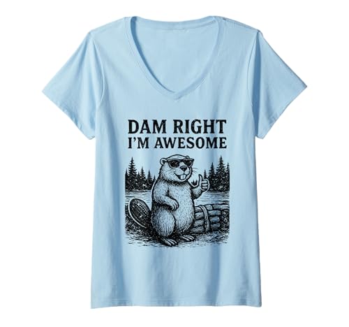 Damen Biber Wortspiel Witz Grafik Vintage Tier Humor Awesome T-Shirt mit V-Ausschnitt von Dam I'm Awesome Tees by TheMaesthteics