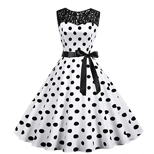 Damen elegant 50er Jahre Petticoat Kleider Gepunkte Rockabilly Kleider Cocktailkleider Mode Frauen V-Ausschnitt Dot Print Schärpen Holiday Vintage A-Line Pendelkleid (A1, S) von Damen Kleider