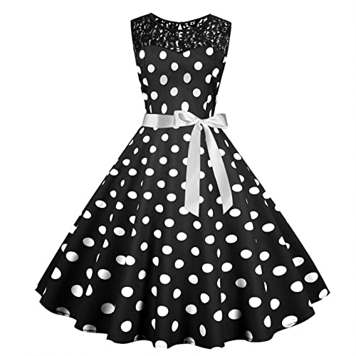 Damen elegant 50er Jahre Petticoat Kleider Gepunkte Rockabilly Kleider Cocktailkleider Mode Frauen V-Ausschnitt Dot Print Schärpen Holiday Vintage A-Line Pendelkleid (Weinrot, L) von Damen Kleider