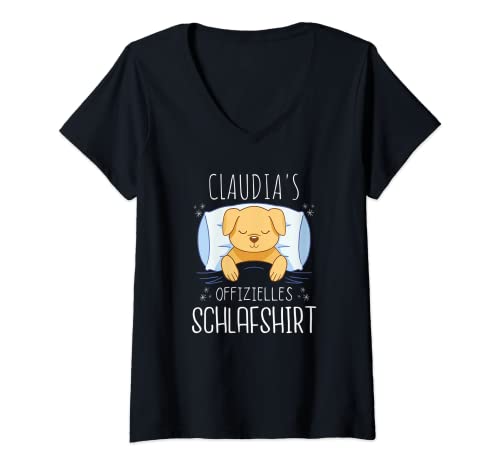 Damen Offizielles Schlafshirt Hund Personalisiert Claudia T-Shirt mit V-Ausschnitt von Damen Namen Vorname Shirt Geschenk Personalisierte