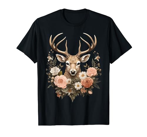 Herren Hirsch mit Blumen Rosen Tracht Traditionell Bayrisch T-Shirt von Damen Trachtenshirt Blumen Hirsch