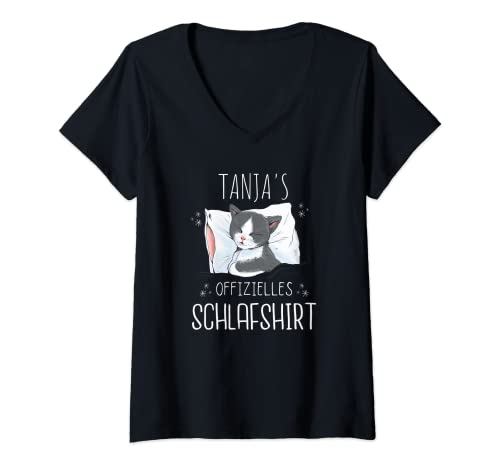 Damen Offizielles Schlafshirt Katze Personalisiert Name Tanja T-Shirt mit V-Ausschnitt von Damen Vorname Geschenk Personalisierte Namen Shirt